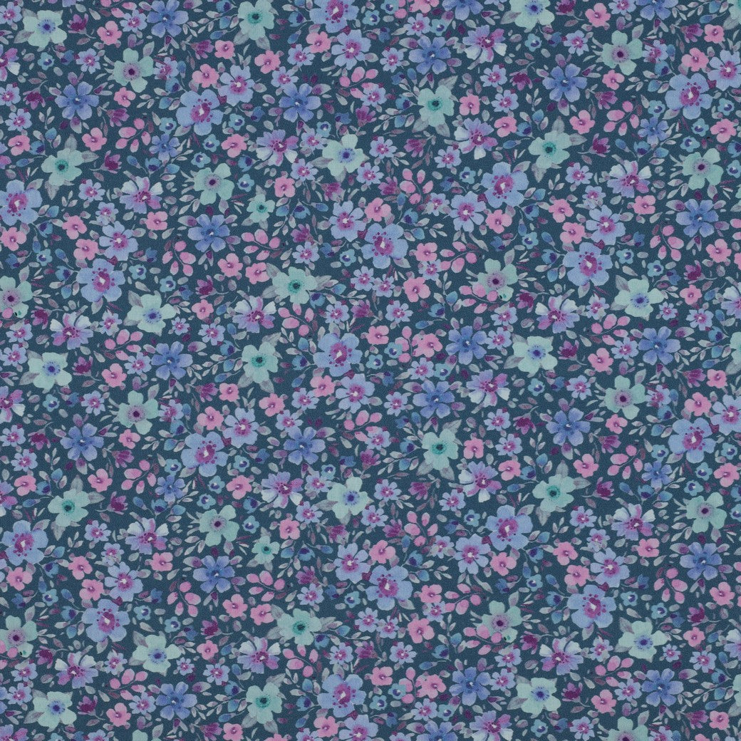 Tissu premium 100 % coton - petites fleurs sur fond pétrole 110 g/m²