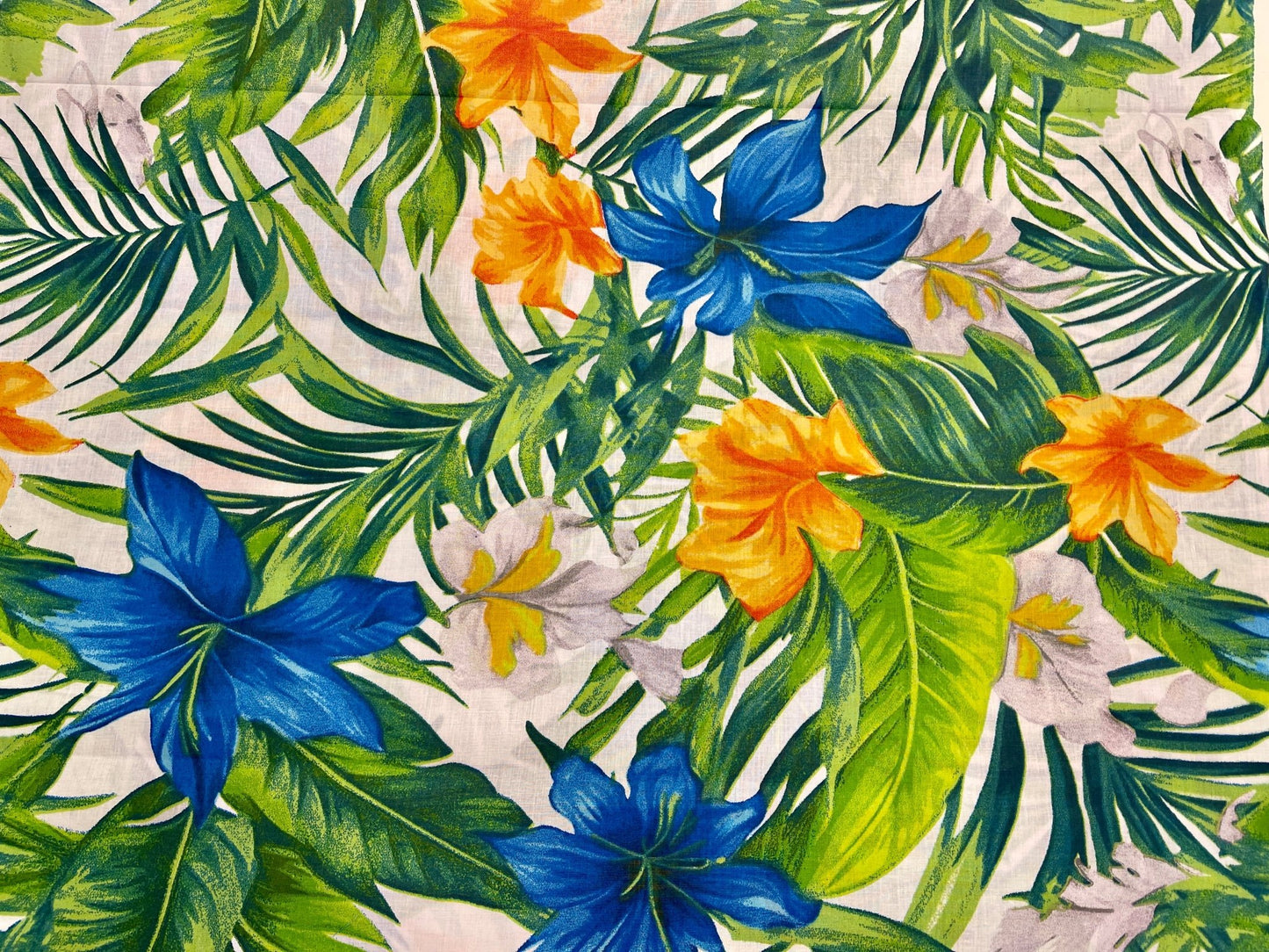 100% Cotton fabric - orange with blue tropical flowers 125 g/m