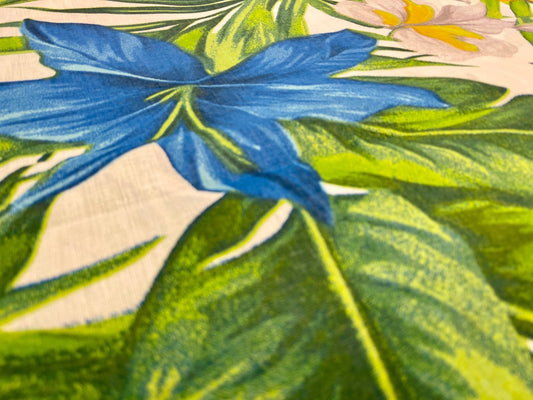 100% Cotton fabric - orange on blue tropical flowers 125 g/m
