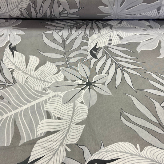 Tissu 100 % coton - motif feuilles gris 220 cm 125 g/m²