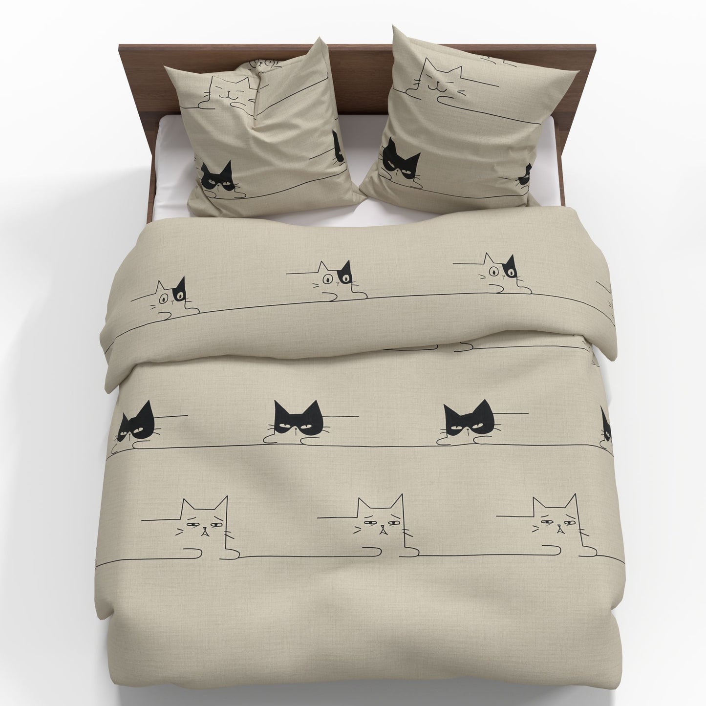 Bild eines 100% Baumwollstoffs in Beige mit Katzenmotiven, 220 cm – online erhältlich bei Šarlotes audumi