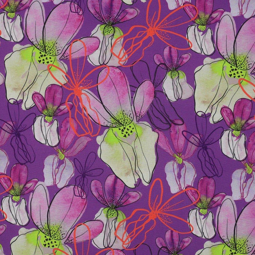 Tissu 100 % viscose LENZING™ ECOVERO™ à fleurs sur fond lilas 110 g/m²