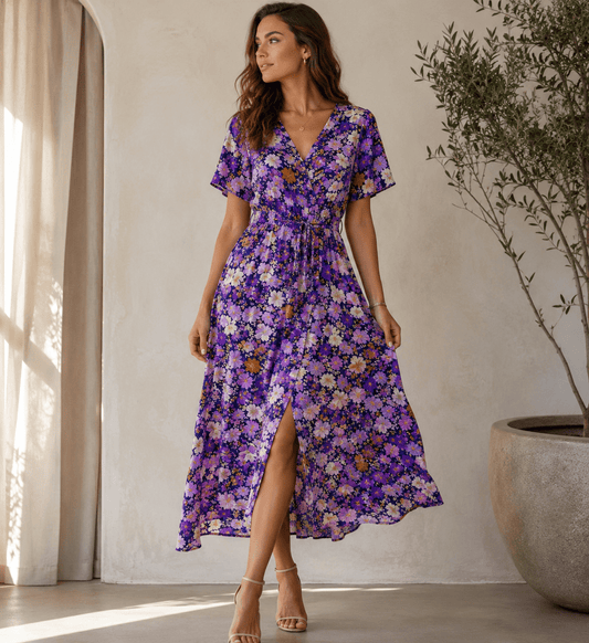 Image de tissu 100 % viscose à motif floral lilas, 125 g/m² – disponible chez Šarlotes audumi