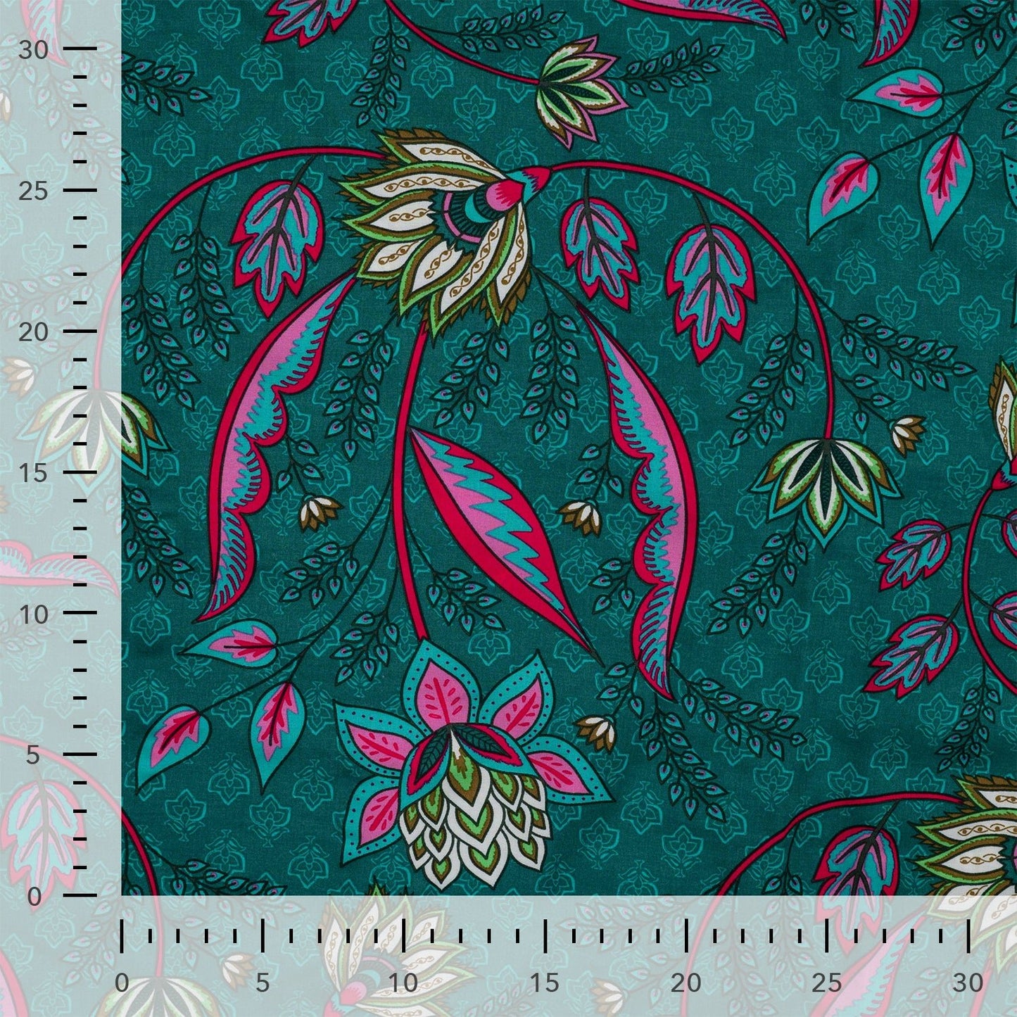 Image avec tissu 100 % viscose à motif sur fond pétrole 90 g/m² – disponible chez Šarlotes audumi