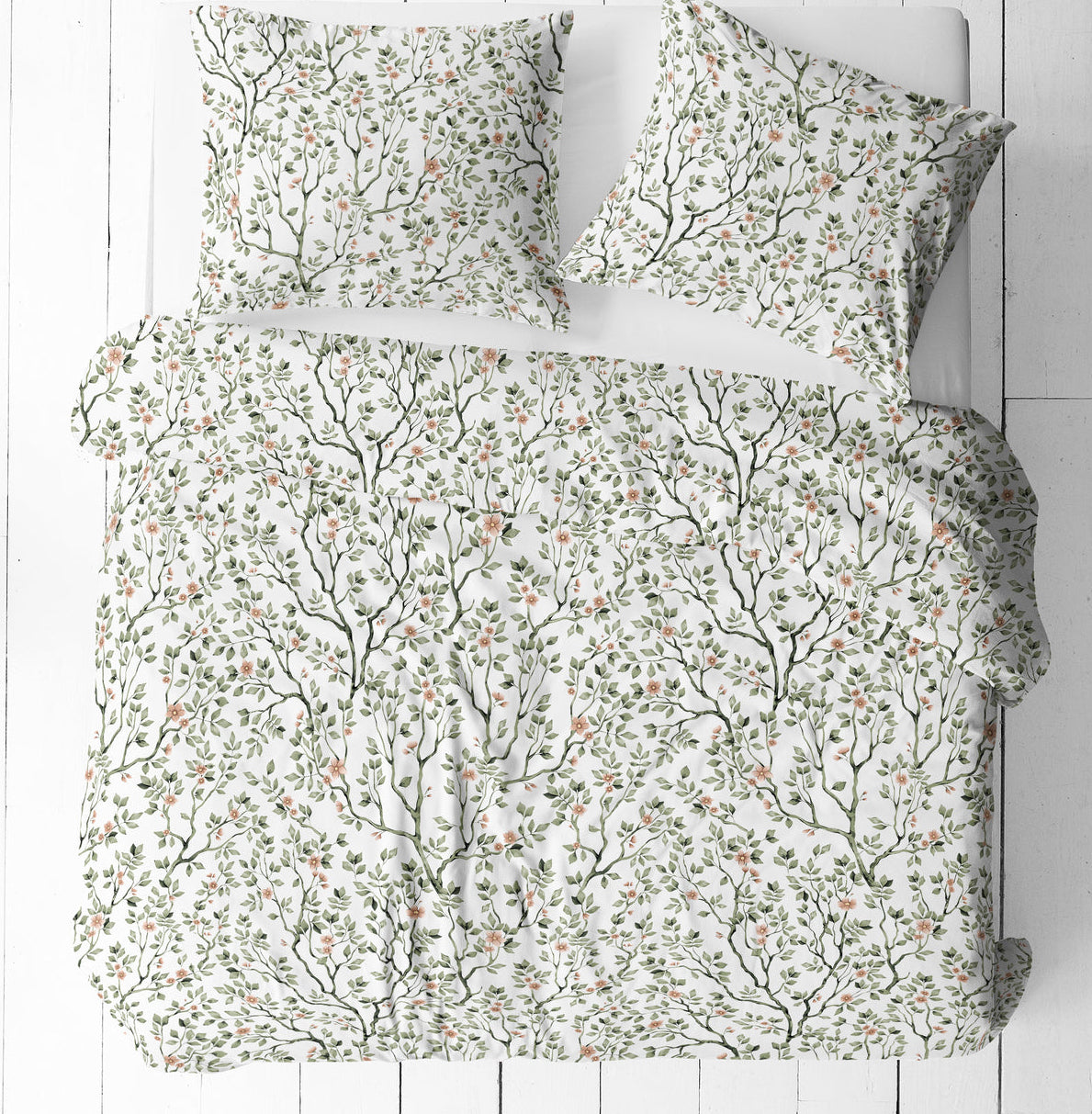 Tissu 100 % coton – délicates petites branches vertes avec des fleurs sur fond blanc