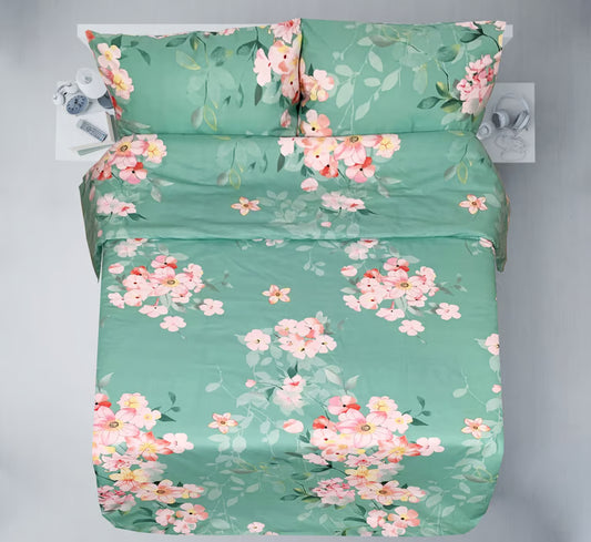 100% Baumwollstoff – mintgrün mit rosa Blumenmustern, 220 cm