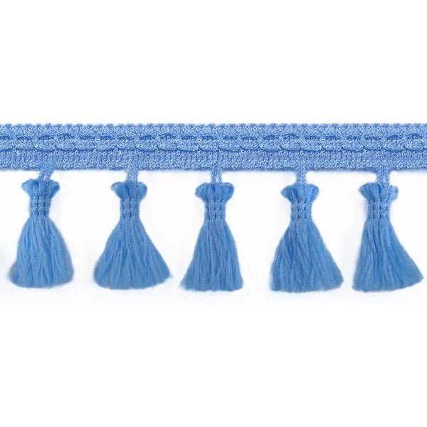 Image avec ruban à franges avec pompons 55 mm - bleu clair – disponible chez Šarlotes audumi