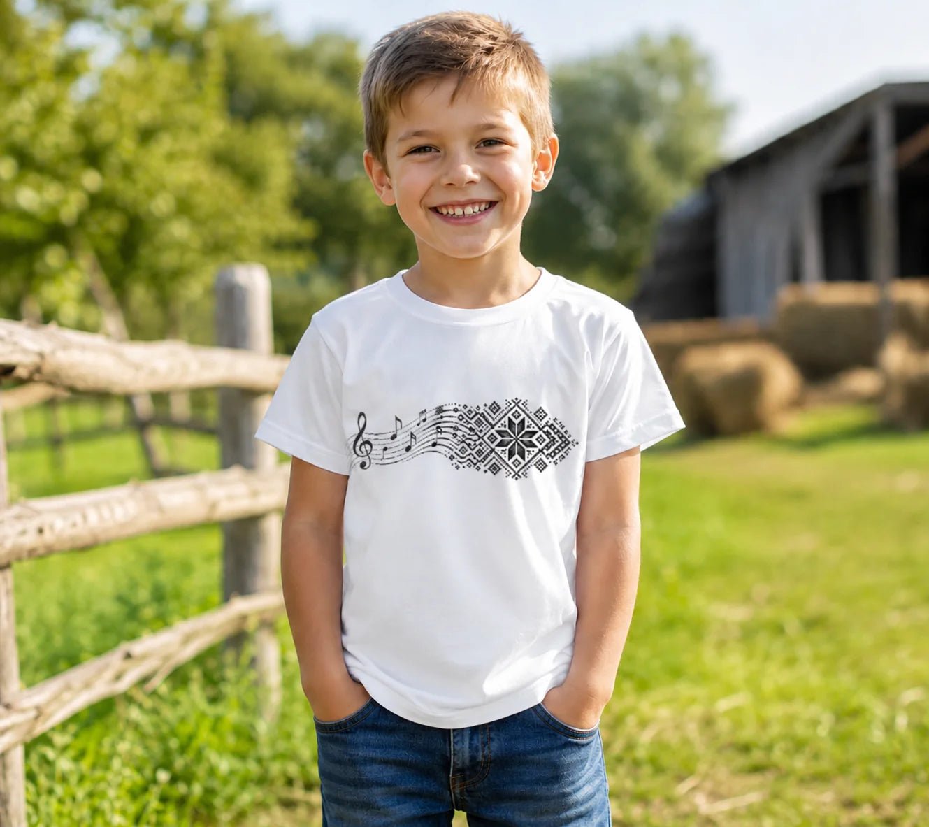 Image d’un t-shirt en coton pour enfant « design de notes et d’écriture lettone » – disponible chez Šarlotes audumi