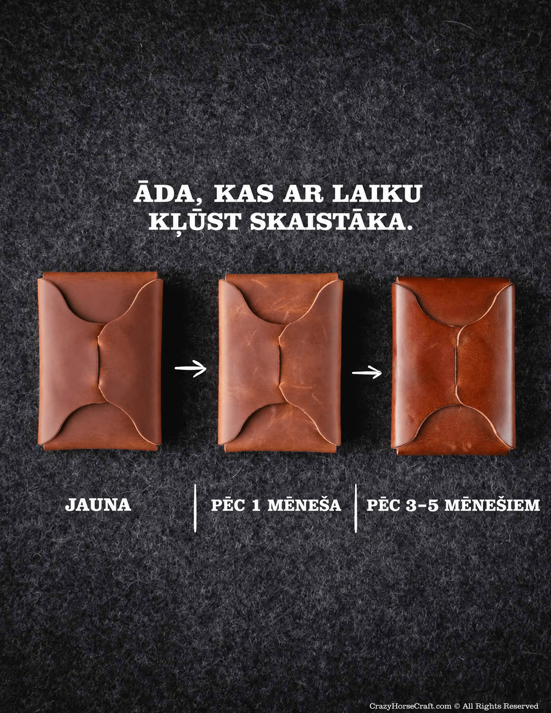 Attēls ar Dabīgās Crazy Horse āda izturīga, lokana un raksturīga ar savu vintāžīgo izskatu. 1,2–1,5 mm – pieejams internetā Šarlotes audumi