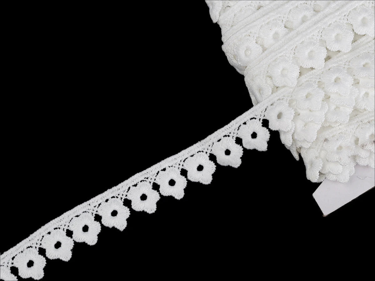 Image de dentelle guipure 17 mm – blanche et noire – disponible en ligne chez Šarlotes audumi