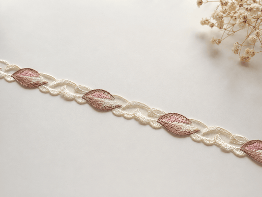 Image of embroidered lace 2 cm - beige and dusty pink leaves – available at Šarlotes audumi