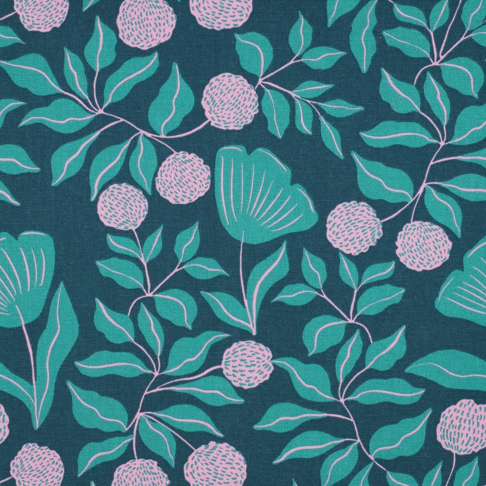 Tissu canvas au motif de feuilles rose et vert 225 g/m²