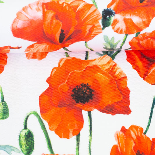 Image avec tissu canvas à motif de coquelicots rouges sur fond blanc 210 g/m² – disponible chez Šarlotes audumi
