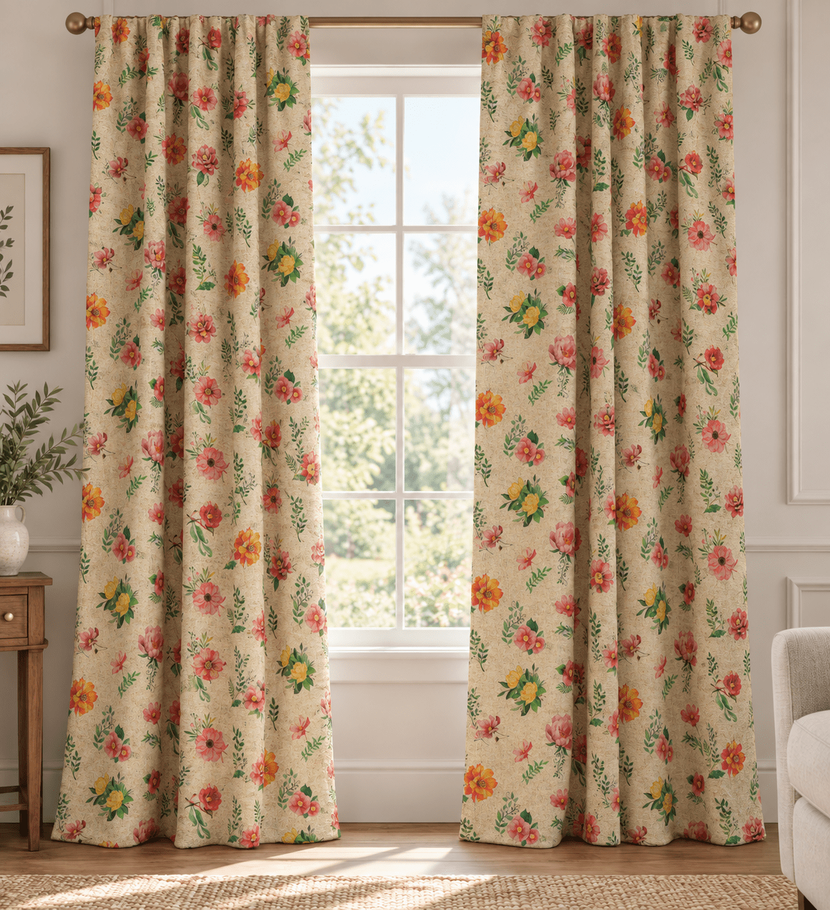 Image avec tissu en toile à fleurs sur fond ton lin – disponible en ligne Šarlotes audumi