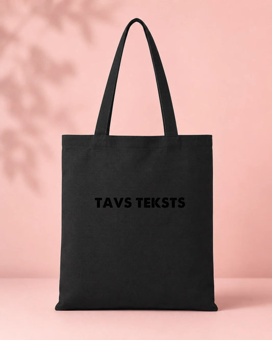 Image of a black cotton fabric bag with your text – available online at Šarlotes audumi