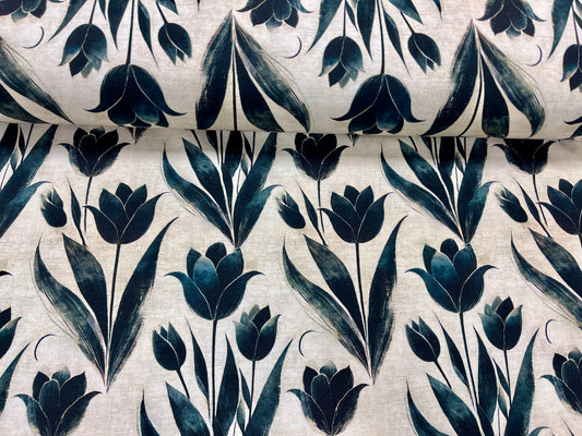 Cotton loopback knit - black tulips 250 g/m²