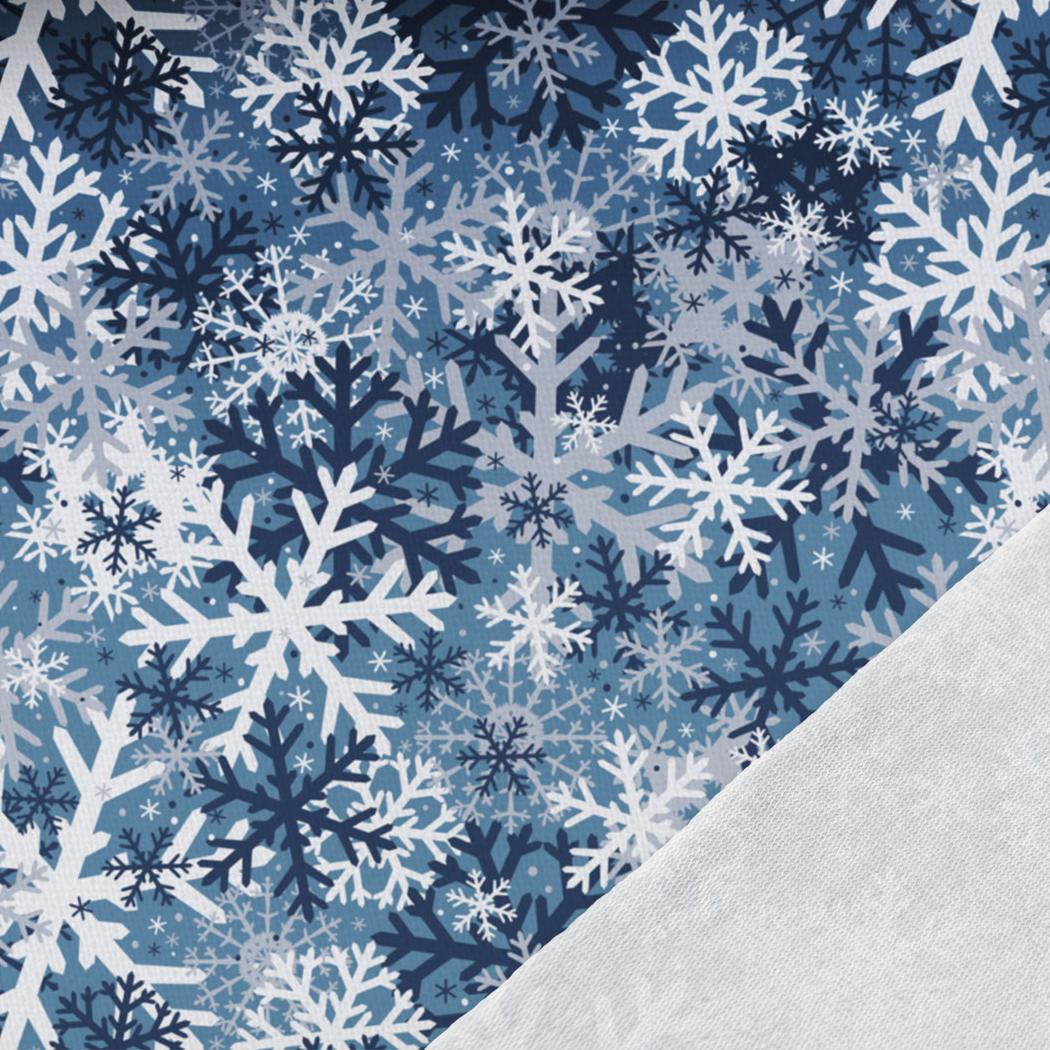 Image de jersey bouclé en coton - flocons sur fond bleu 250 g/m² – disponible chez Šarlotes audumi