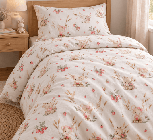 Image de flanelle de coton avec des petites souris et des fraises des bois – 100% coton – disponible en ligne chez Šarlotes audumi