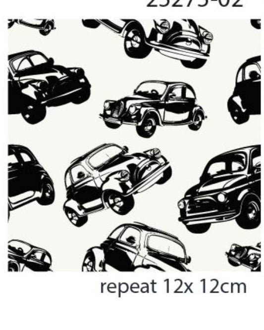 Cotton jersey - black cars on a white background 200 g/m²