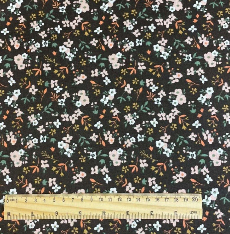 Image with cotton knit fabric - delicate little flowers on dark brown 200 g/m² – available at Šarlotes audumi