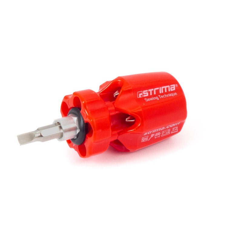 Image of a compact screwdriver for sewing machines with 6 interchangeable bits – available online at Charlotte Fabrics