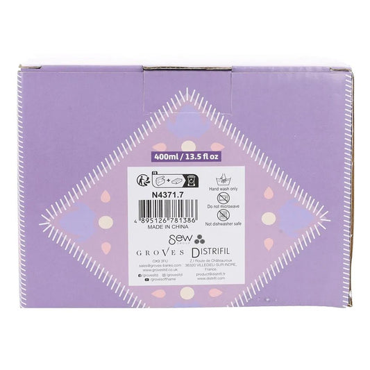Image of a mug with a rotary cutter handle, 500 ml, purple Sew Tasty – available at Charlotte's Fabrics