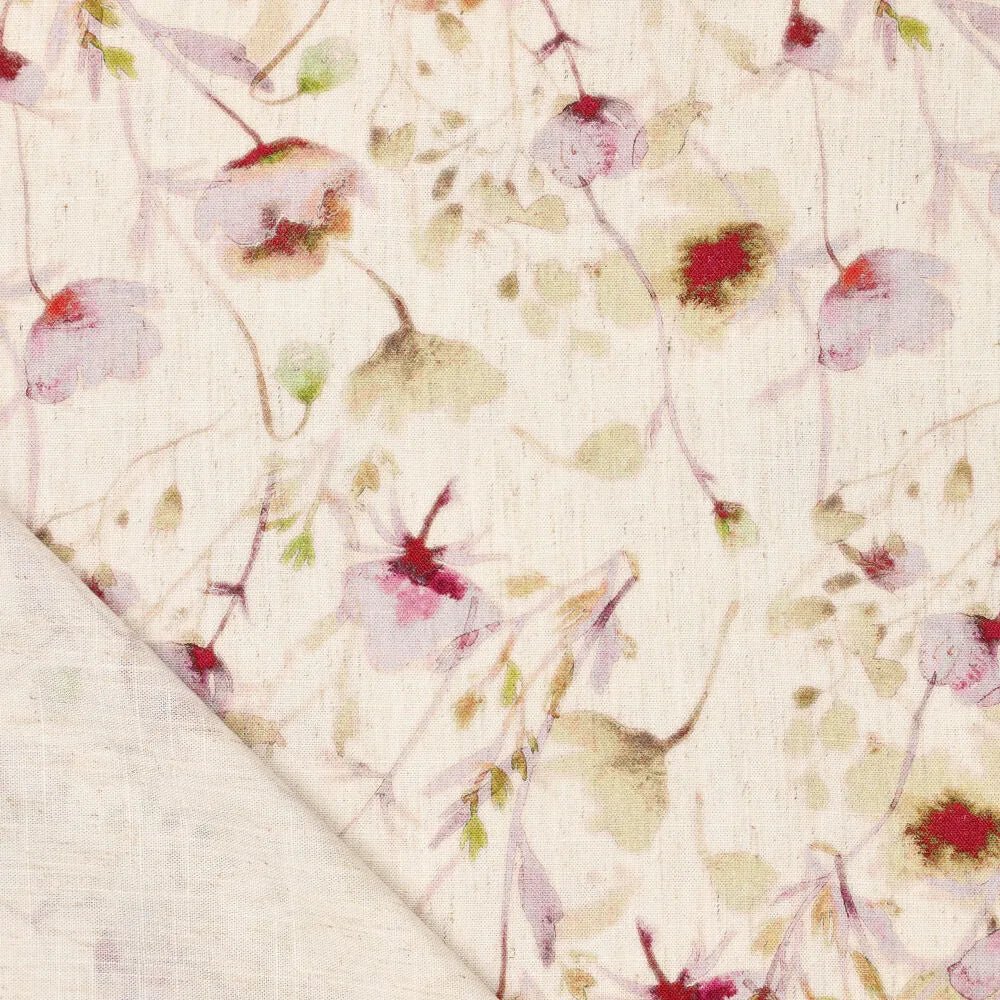 Image de tissu en lin et viscose à motif petits pois fleuris 120 g/m² – disponible chez Šarlotes audumi