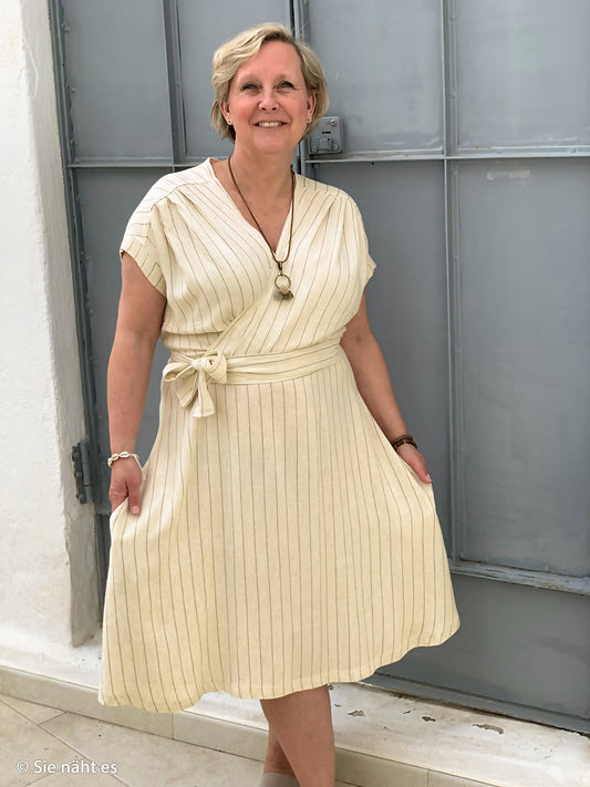 Lin et viscose - rayures sur fond beige naturel 200 g/m²