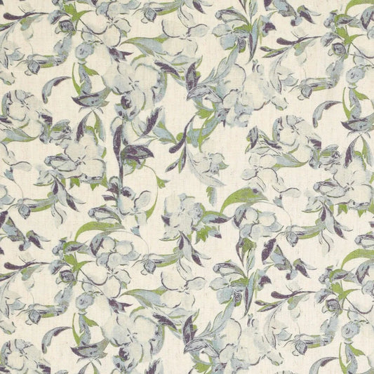 Image de lin avec viscose - motif de feuilles bleu-vert 120 g/m² – disponible chez Šarlotes audumi