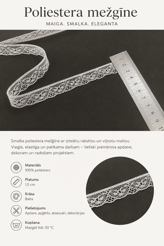 Dentelle fine blanche 1,6 cm – disponible en ligne Šarlotes audumi