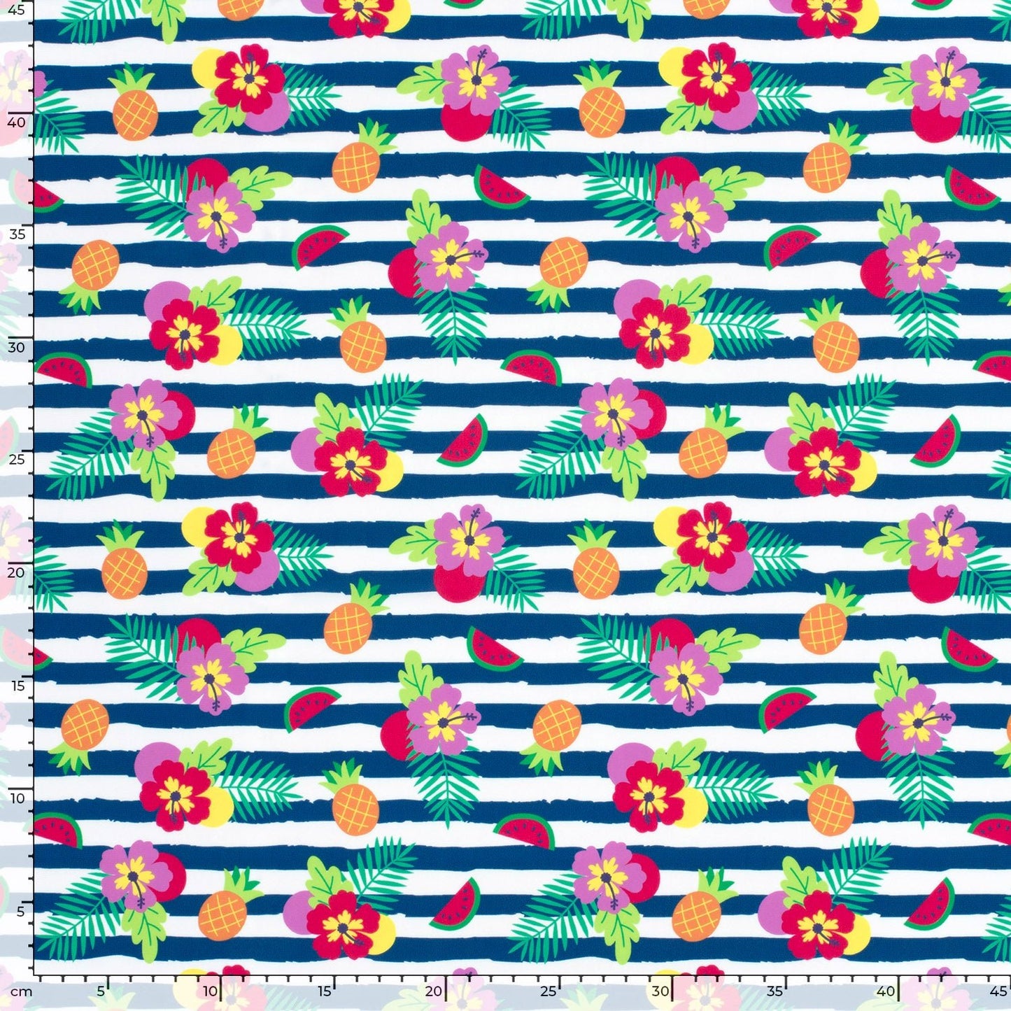 Image d’un tissu de maillot de bain en lycra avec protection UPF50 – motif tropical en lignes 200 g/m² – disponible chez Šarlotes audumi