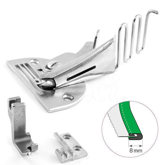 Image de bordeur de biais côté droit pour machine à coudre industrielle, pour ruban de 30 mm, bord fini 8 mm, 90° – disponible chez Šarlotes audumi