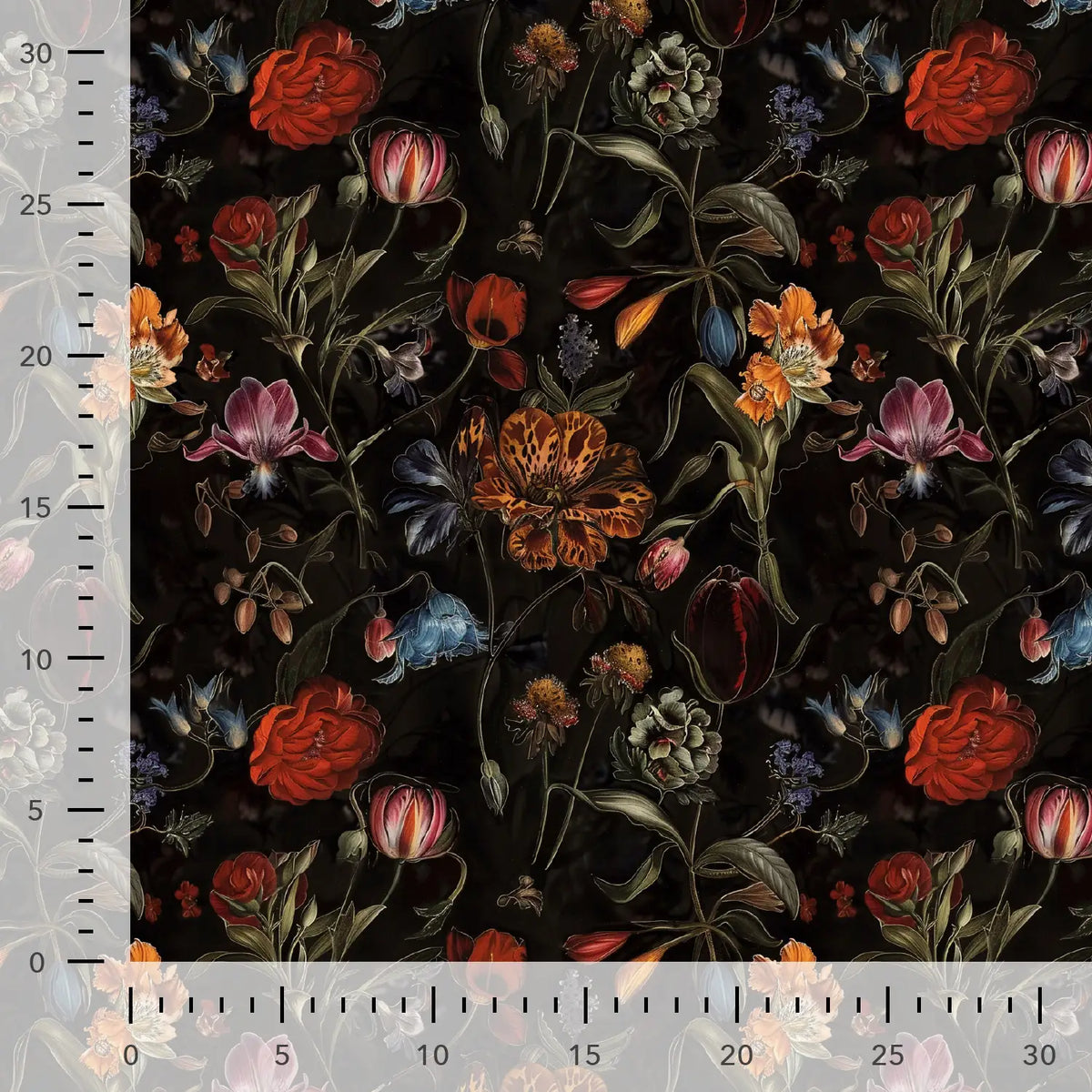Tissu gabardine en viscose - fleurs sur fond noir