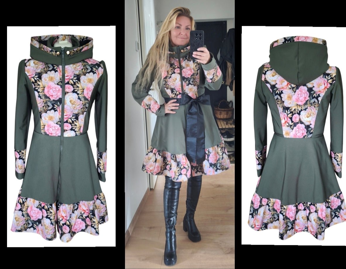 Image du tissu Softshell - pivoines, disponible en ligne chez Šarlotes audumi