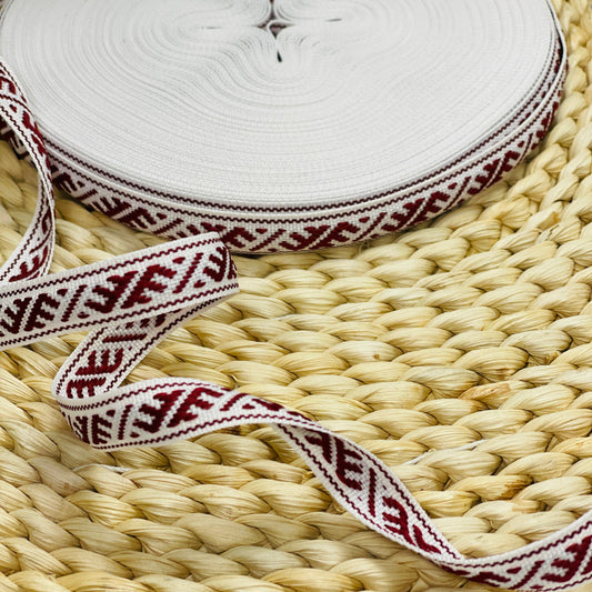 Traditional ribbon, belt Ūsiņš 12mm - burgundy with white - LV