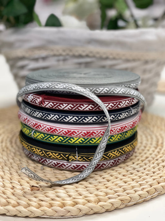 Traditional ribbon, sash Ūsiņš 12mm - grey with white - LV