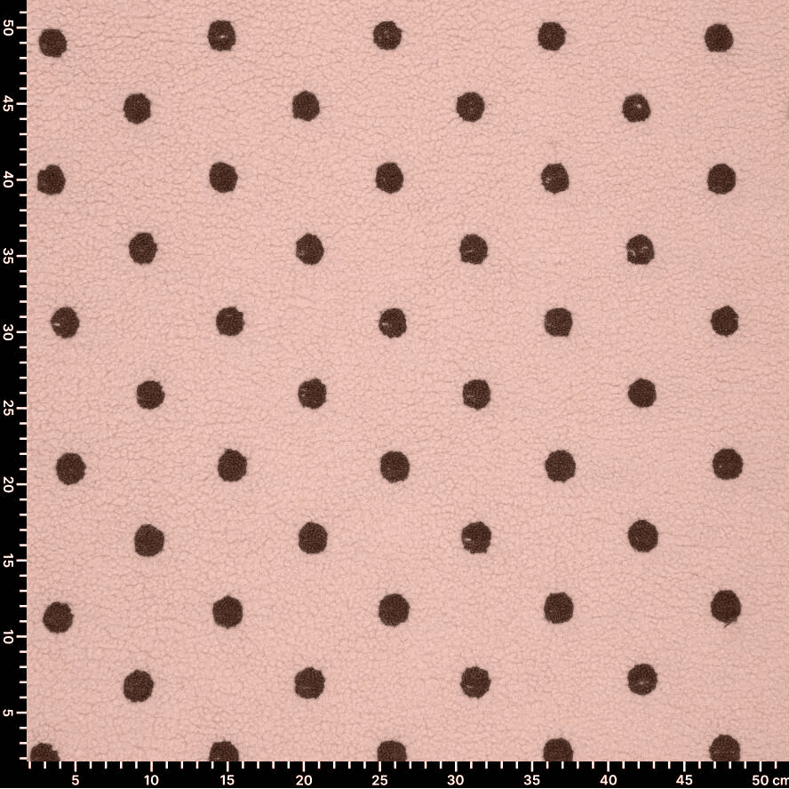 Teddy polaire à pois marron sur fond rose – disponible en ligne chez Tissus de Charlotte