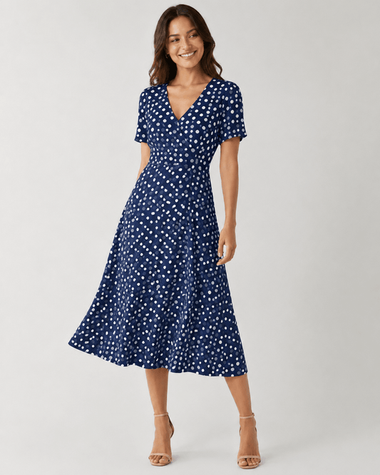 Image of viscose fabric with white polka dots on dark blue, 80 g/m² – available at Šarlotes audumi