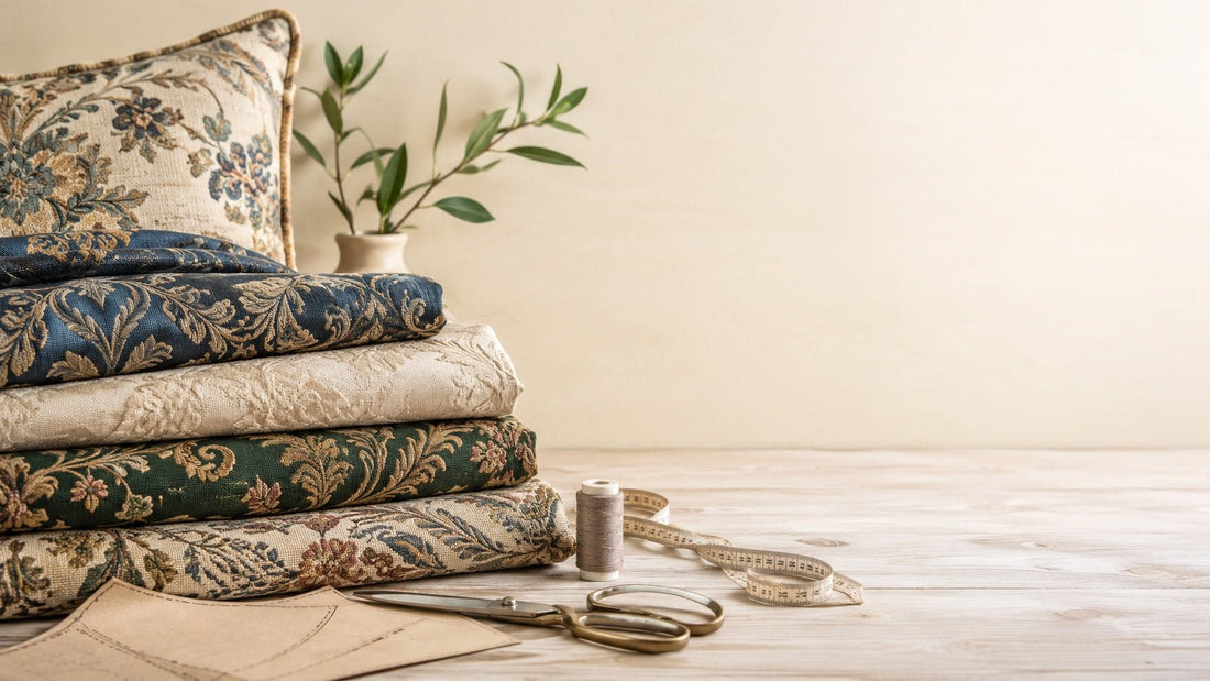Dichter Stoff mit eingewebten Ornamenten, Jacquard- und Gobelinstoffe zum Nähen