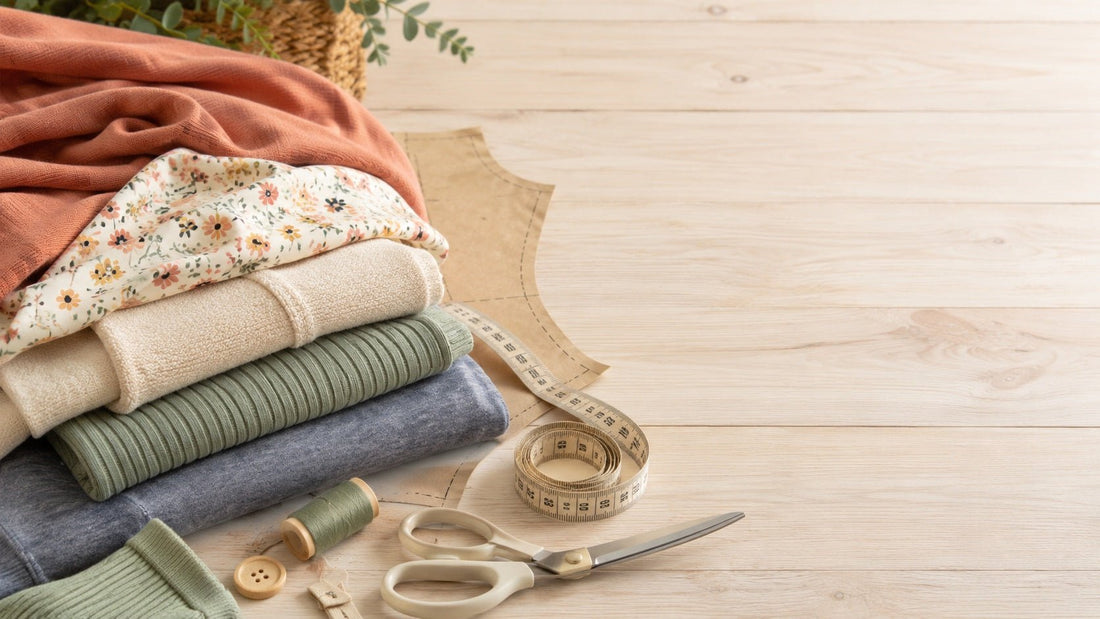 Knitted fabrics for sewing clothes on a light wooden table