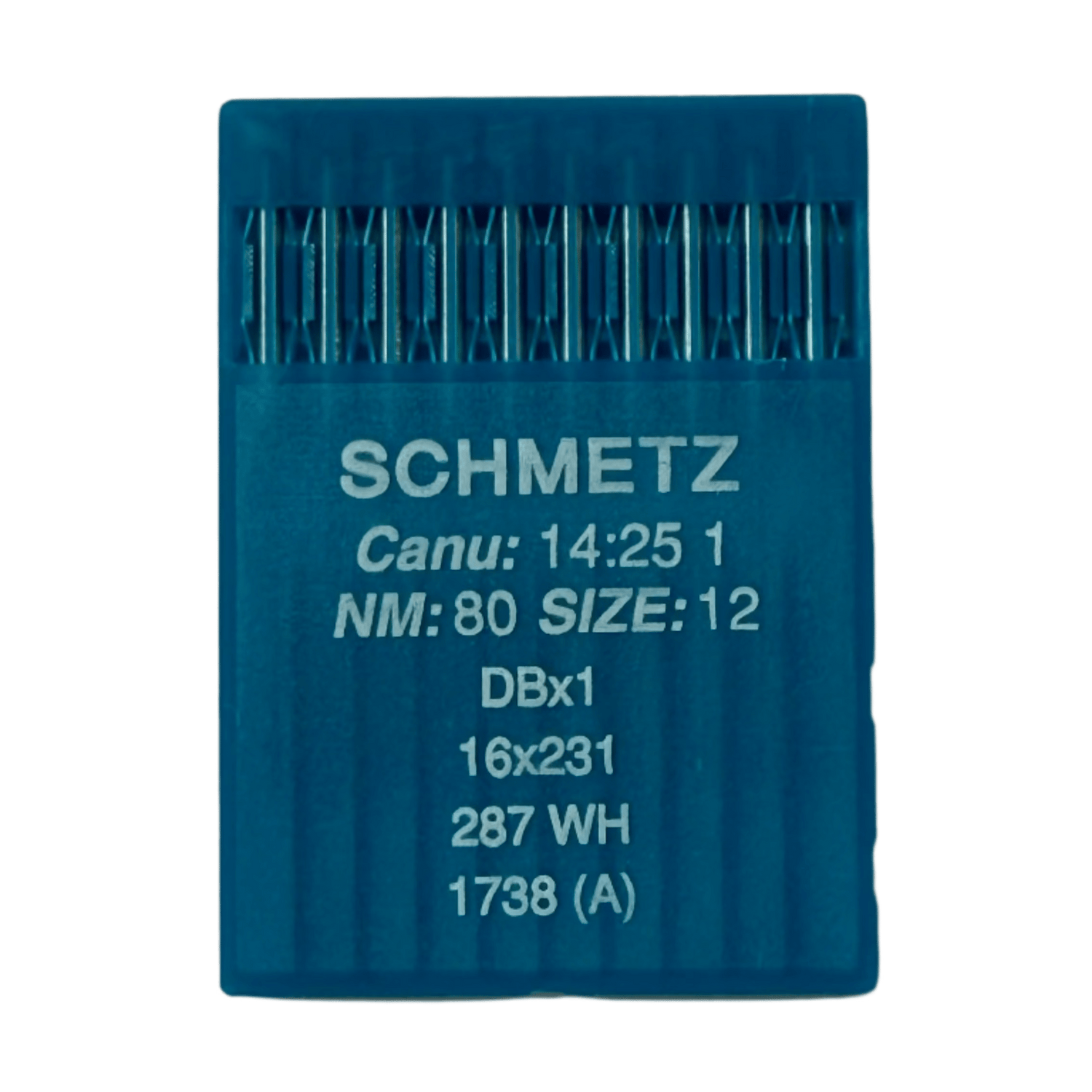 Auf dem Bild sind SCHMETZ DBx1 (1738) Industrie-Nähmaschinennadeln zu sehen, erhältlich bei Šarlotes audumi.