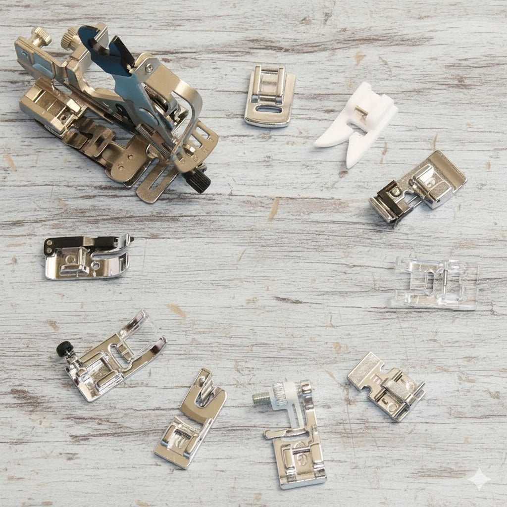 The image shows various sewing machine presser feet - available at Charlotte's Fabrics