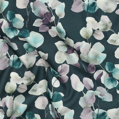 Tissu premium 100 % coton - eucalyptus sur fond pétrole