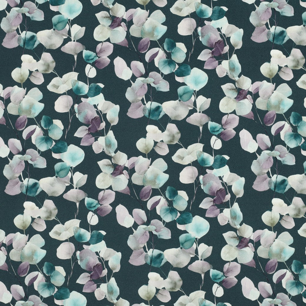 Tissu premium 100 % coton - eucalyptus sur fond pétrole