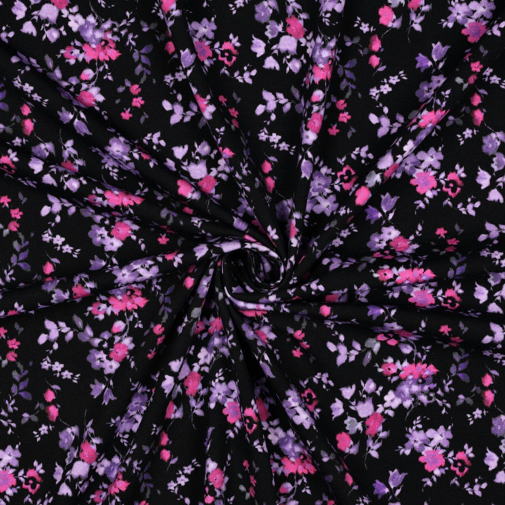 Jersey en coton, petites fleurs lilas délicates