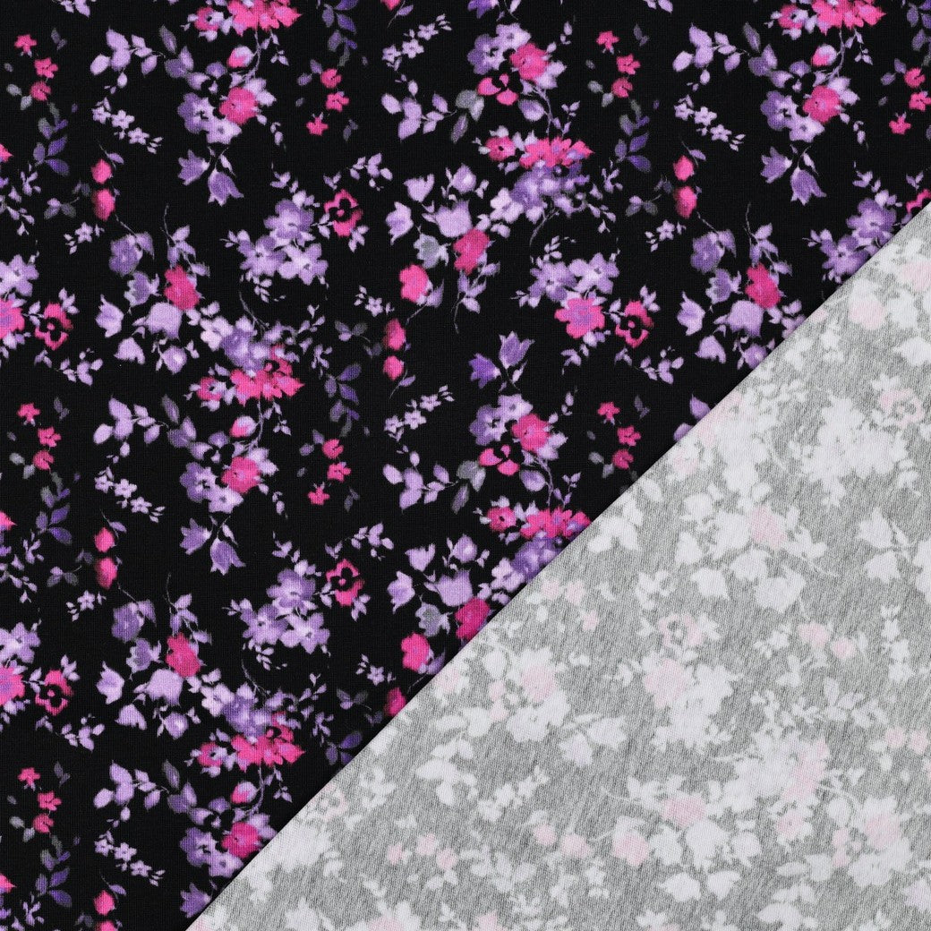 Jersey en coton, petites fleurs lilas délicates