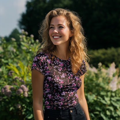 Jersey en coton, petites fleurs lilas délicates