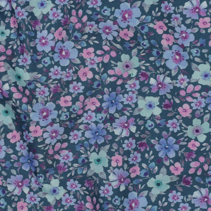 Tissu premium 100 % coton - petites fleurs sur fond pétrole 110 g/m²
