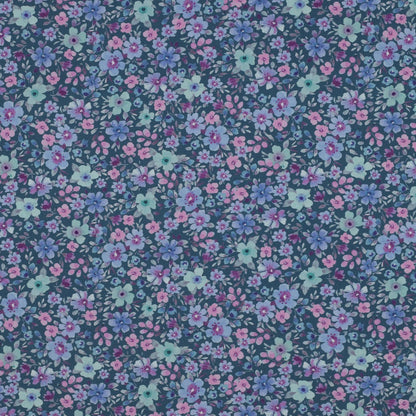 Tissu premium 100 % coton - petites fleurs sur fond pétrole 110 g/m²