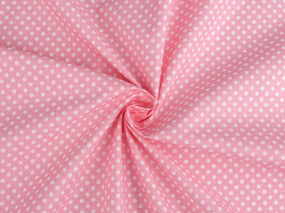 100% Cotton fabric - white polka dots on a pink background (4 mm) 130 g/m²
